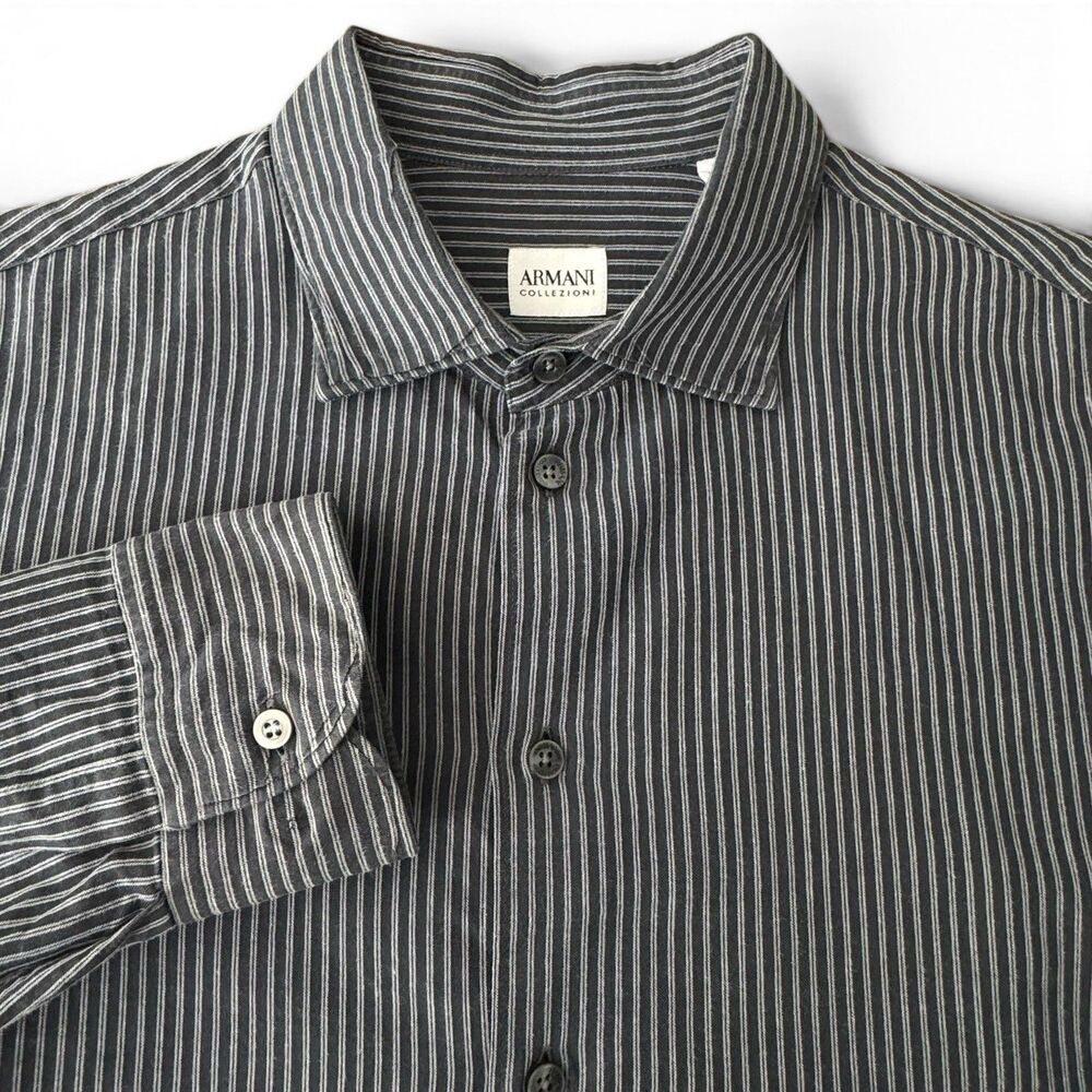 Armani Collezioni Dress Shirt Men XL Dark Grey Pin Stripe Long Sleeve VTG Cotton